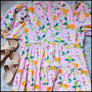 EUC Avara Fruit Citrus Print Tiered Maxi Dress